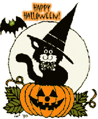 Czarny kot w kapeluszu siedzący na dyni szczęśliwego Halloween